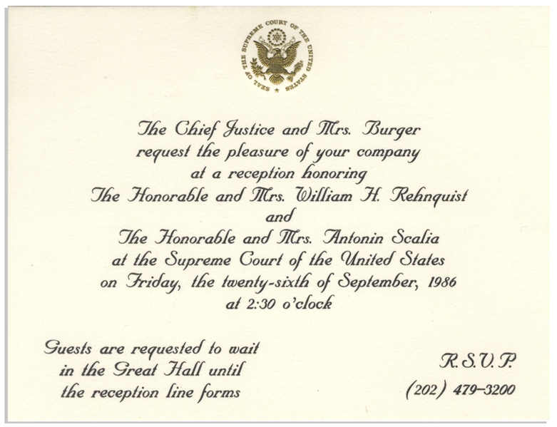 Invitation to the Investiture Ceremony of Supreme Court Chief Justice William Rehnquist and Associate Justice Antonin Scalia